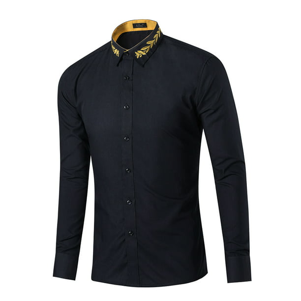 HOP Fashion Mens Casual Long Sleeve Solid Embroidery Slim Fit Button Down Dress Shirt Stand Collar Shirts 